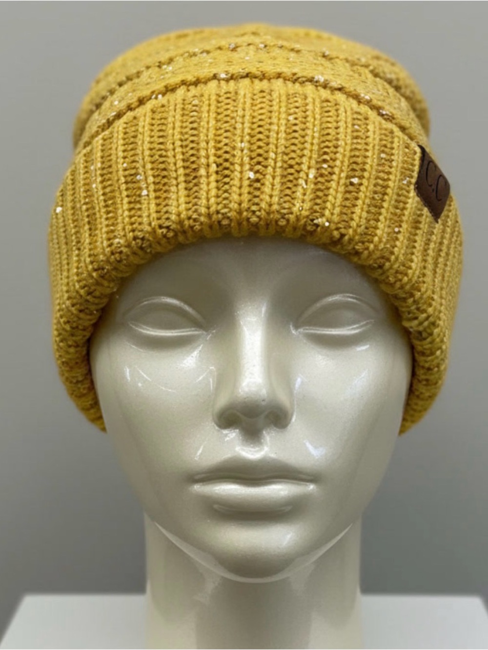 C.C. Exclusives Mustard Yellow Chunky Knit Beanie with Silver Shimmer Like New